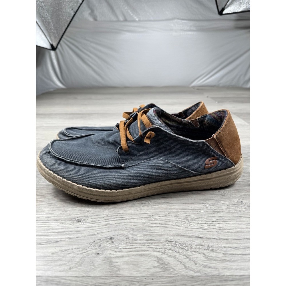 Skechers Melson Planon Slip-on Men's Navy Brown Canvas Moc Toe Bungee Lace 13
